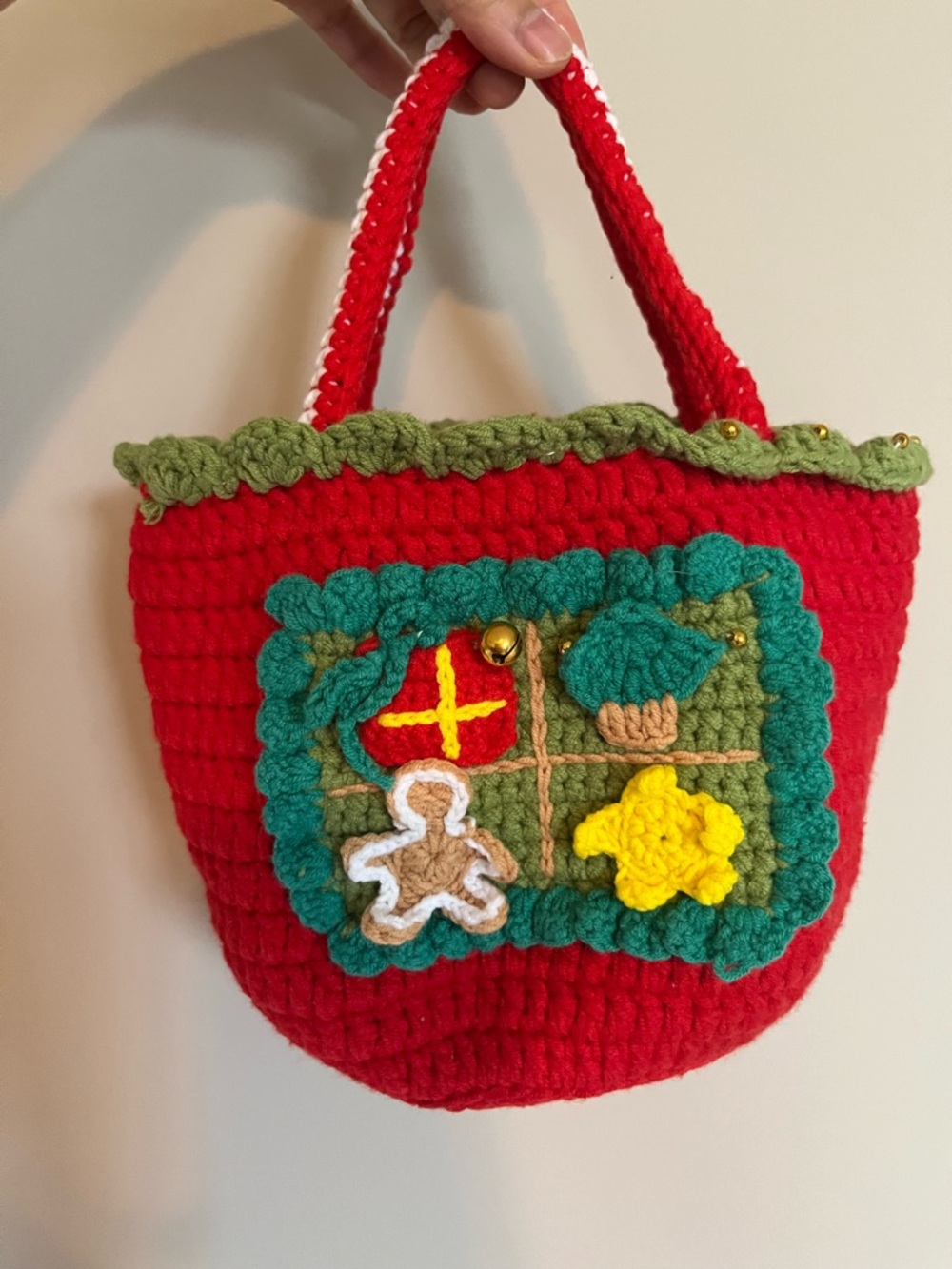Handmade Red Crochet Mini Tote Bag with Holiday Appliqué